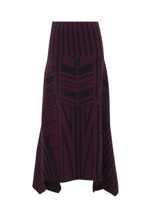 Bordeauxrode en zwarte gebreide rok met gedurfde geometrische patronen en een hoge taille. Zoom is asymmetrisch met een vloeiende silhouet.