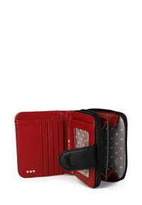 Red leather wallet with a black zipper and strap, features six card slots, a transparent ID window, and a polka-dotted lining.