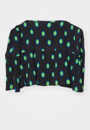 Μαύρη μπλούζα με μακριά μανίκια και ζωντανές μπλε και πράσινες βούλες, με πλισέ υφή και σχέδιο χαλαρής εφαρμογής.
