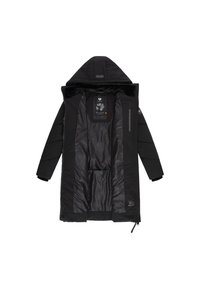 Juoda pūkinė striukė su gobtuvu, viduje glotni pamušalas, užtrauktukai ir subtilus prekės ženklas. Tekstuotas juodas audinys su elegantišku dizainu.