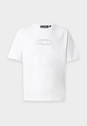 T-shirt bianca a maniche corte con scollo rotondo e logo astratto nero minimalista centrato sul petto.