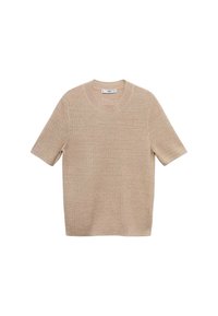 Beige kortærmet sweater med struktureret strikdesign, rund halsudskæring og en afslappet pasform. Blødt materiale med en glat overflade.