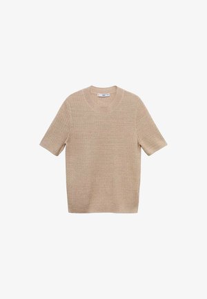 Beige kortärmad tröja med en texturerad stickad design, rund halsöppning och en avslappnad passform. Mjuk material med en slät yta.