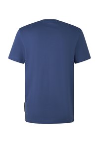 En ensfarvet navy blå T-shirt med korte ærmer set fra ryggen, med rund hals og et lille sort mærke i side sømmen.
