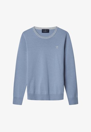 Helles blaues gestricktes Sweatshirt mit Rundhalsausschnitt, gerippten Bündchen und Saum, versehen mit einem kleinen weißen Logo auf der Brust und einer glatten Textur.