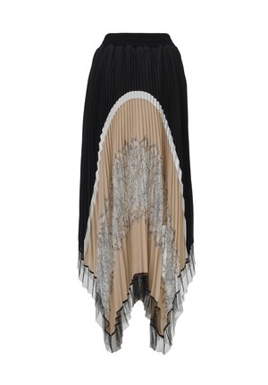 Faltenrock mit schwarzen, beigen und weißen Abschnitten. Der Saum ist asymmetrisch mit einem floralen Druck und transparenter Textur am unteren Ende.