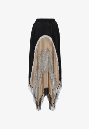 Plissé rok met zwarte, beige en witte secties. De zoom is asymmetrisch met een bloemenprint en een doorschijnende textuur aan de onderkant.
