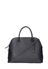 Borsa a mano in pelle nera con forma arrotondata, doppio manico superiore e tracolla regolabile. Presenta una chiusura a zip e un piccolo tag decorativo.