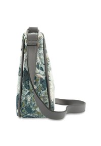 Sac en tapisserie avec un motif floral dans des nuances de bleu, de vert et de rose. Présente des accents en cuir gris et une bandoulière détachable.