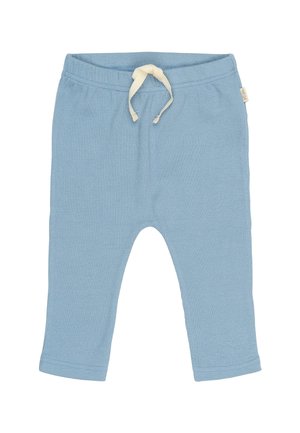 Világoskék, bordázott pamut nadrág rugalmas derékkal és krém színű húzózsinórral. Egyenes lábú dizájnja van, és nincs látható mintázata.