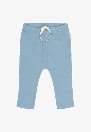 Hellblaue, gerippte Baumwollhose mit einem elastischen Bund und einer cremefarbenen Kordel. Verfügt über ein gerades Bein-Design und keine sichtbaren Muster.
