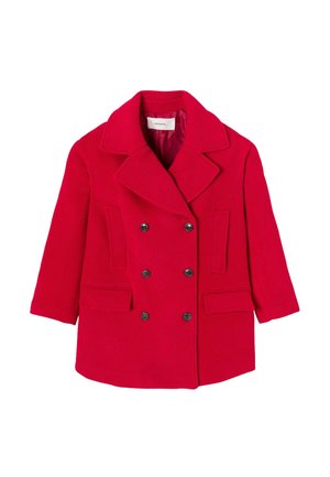 Manteau en laine rouge à double boutonnage avec de larges revers, six boutons noirs, deux poches à rabat et deux poches passepoilées verticales.