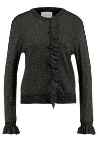 Zwarte, glinsterende cardigan met een ronde hals, ruffle-detail aan de voorkant en gerimpelde zoom aan de mouwen. Voorzien van vijf knopen aan de voorkant.