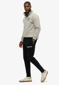  Lichtgrijze fleece pullover met een ritskraag en logo, gecombineerd met zwarte joggers met witte branding en tan sneakers. Gladde textuur.