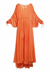Orange maxi klänning gjord av lättviktsmaterial. Har en avslappnad passform, breda ärmar med band och en flödande siluett.