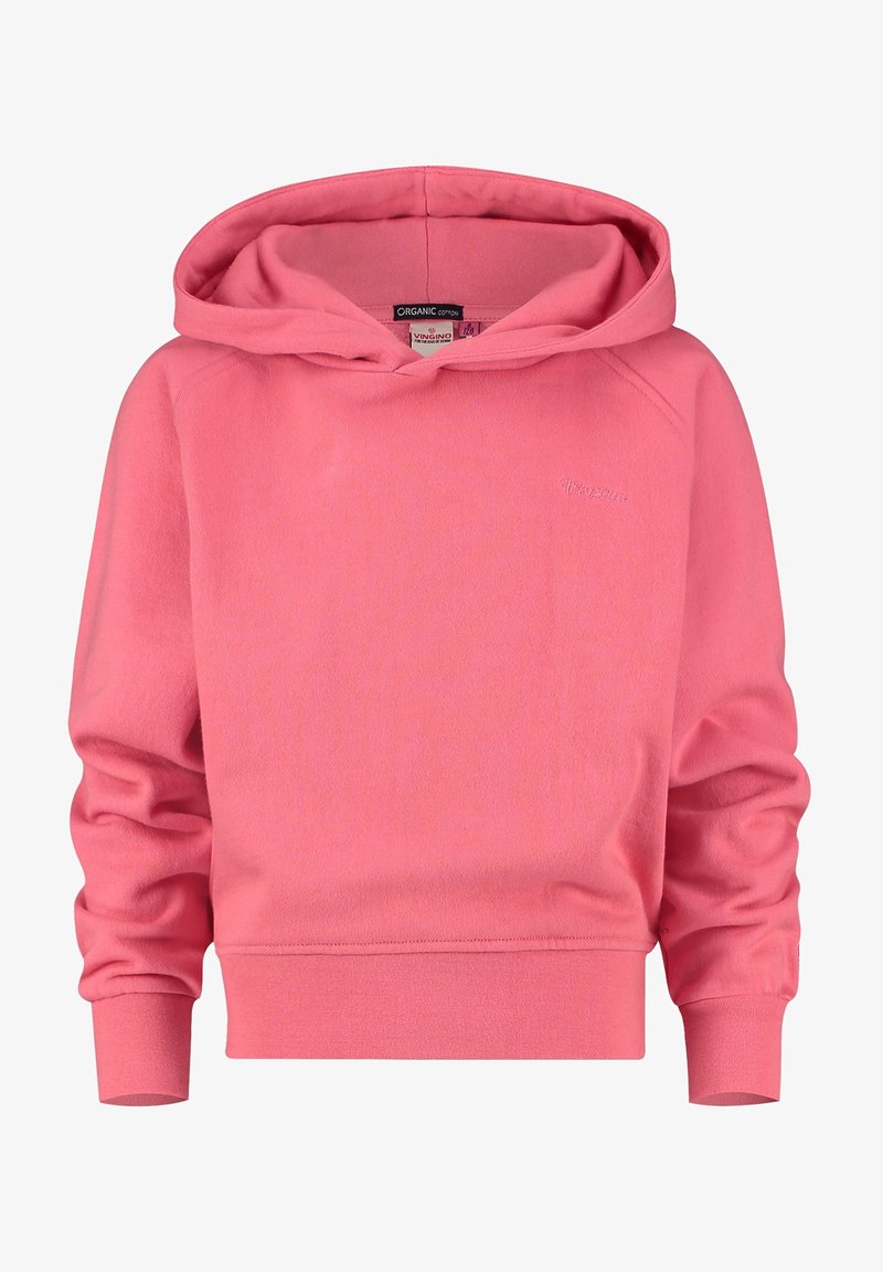 Hoodie en coton biologique rose avec des manches longues, une capuche, et des bords-côtes aux poignets et à l'ourlet, arborant un logo de marque brodé discret sur la poitrine.