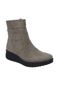 Graue Wildleder-Stiefelette mit einem Reißverschluss und kontrastierendem weißen Nähten, ausgestattet mit einer Keilsohle und einer strukturierten Gummisohle.