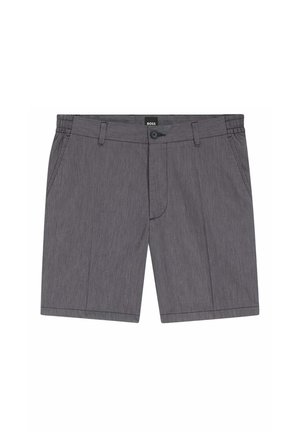 Gray tailored men's shorts with side pockets, belt loops, front button, and zip closure, featuring a "BOSS" label on the waistband.