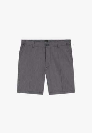 Gray tailored men's shorts with side pockets, belt loops, front button, and zip closure, featuring a "BOSS" label on the waistband.