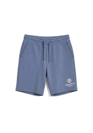 Pantaloncini casual blu con vita con coulisse, tasche laterali e piccolo logo bianco sulla parte inferiore della gamba sinistra.