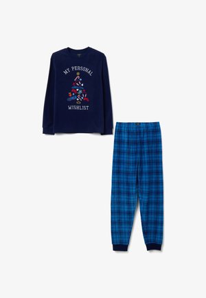 Navy long-sleeve top with Christmas gaming graphic and text "My Personal Wishlist" paired with blue and black plaid pants with cuffed ankles.