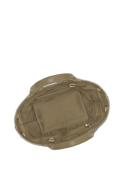 Olive green handbag with a smooth leather exterior, gold-tone hardware, and a textured fabric interior featuring a pocket for organization.