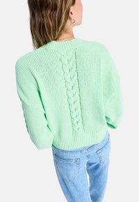 Mintgrüner Strickpullover mit kurz geschnittenem Schnitt, der ein Zopfmuster-Detail auf der Rückseite und gerippte Bündchen aufweist. Kombiniert mit hellblauen Jeans.