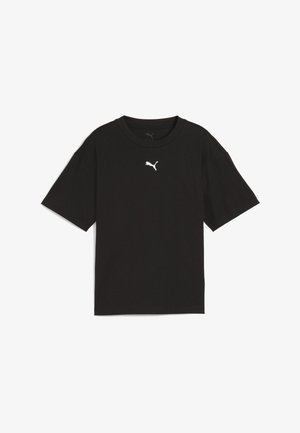 T-shirt de algodão preta com mangas curtas, decote redondo e um pequeno logótipo da Puma branco impresso no peito. Design simples e sem adornos.