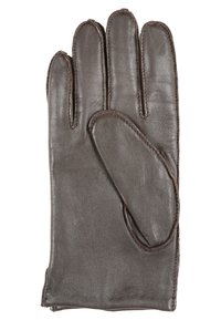 Bruine leren handschoen met vijf vingerruimtes en een duim. Glad oppervlak met zichtbare stikdetails langs de naden.