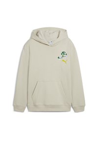Felpa con cappuccio beige con tasca frontale, decorata con un personaggio dei cartoni animati verde e bianco e il logo giallo Puma sul petto.