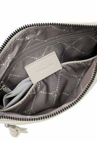 Interno di una borsa bianca in pelle con rivestimento grigio. Presenta più tasche, tra cui un comparto con zip e un portacarte texturizzato.