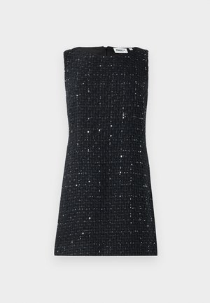 Robe mini sans manches en tweed noir avec des embellissements en sequins discrets et un col rond.