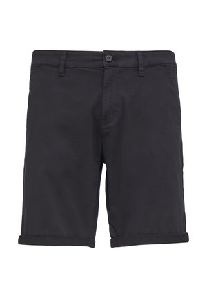 Schwarze Baumwollshorts mit einer figurschmeichelnden Passform, featuring einen Knopfverschluss, Gürtelschlaufen und umgeschlagenem Saum. Glatte Textur, lässiger Stil.