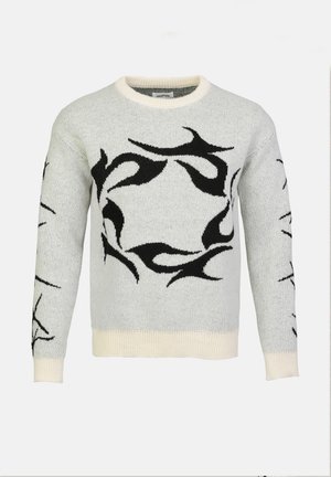 Pullover de malha em cinza claro com padrões abstratos em espiral pretos. Punhos e bainha em crème com nervuras, decote redondo, textura do tecido é suave.