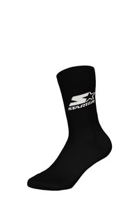 Schwarze Knöchelsocke aus geripptem Material, mit einem weißen "Starter"-Logo und Stern-Design an der Seite. Glatte Textur und schmale Passform.