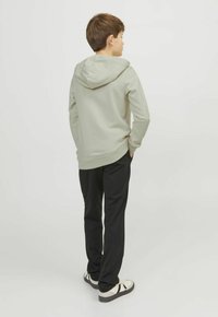 Felpa verde chiaro con cappuccio, indossata con pantaloni neri e sneakers bianche. Il tessuto sembra morbido e ha una vestibilità comoda.