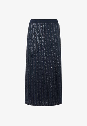 Marineblå knælængde nederdel med en subtil glans, der har lodrette pailletstriber og en glat linning for komfort. Tekstureret stof fremhævet af glimt.