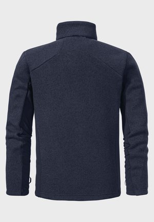 Marineblaue Fleecejacke mit einer strukturierten, weichen Außenseite, Stehkragen und kontrastierenden glatten Seitenteilen. Lange Ärmel mit elastischen Bündchen.