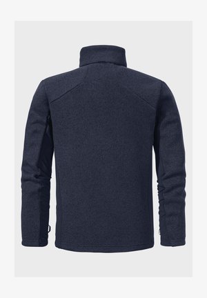 Marineblaue Fleecejacke mit einer strukturierten, weichen Außenseite, Stehkragen und kontrastierenden glatten Seitenteilen. Lange Ärmel mit elastischen Bündchen.