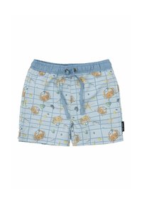 Pantaloni da bagno azzurro chiaro con motivo a griglia, decorati con granchi, conchiglie e stelle marine. Dotati di una vita regolabile con cordoncino.