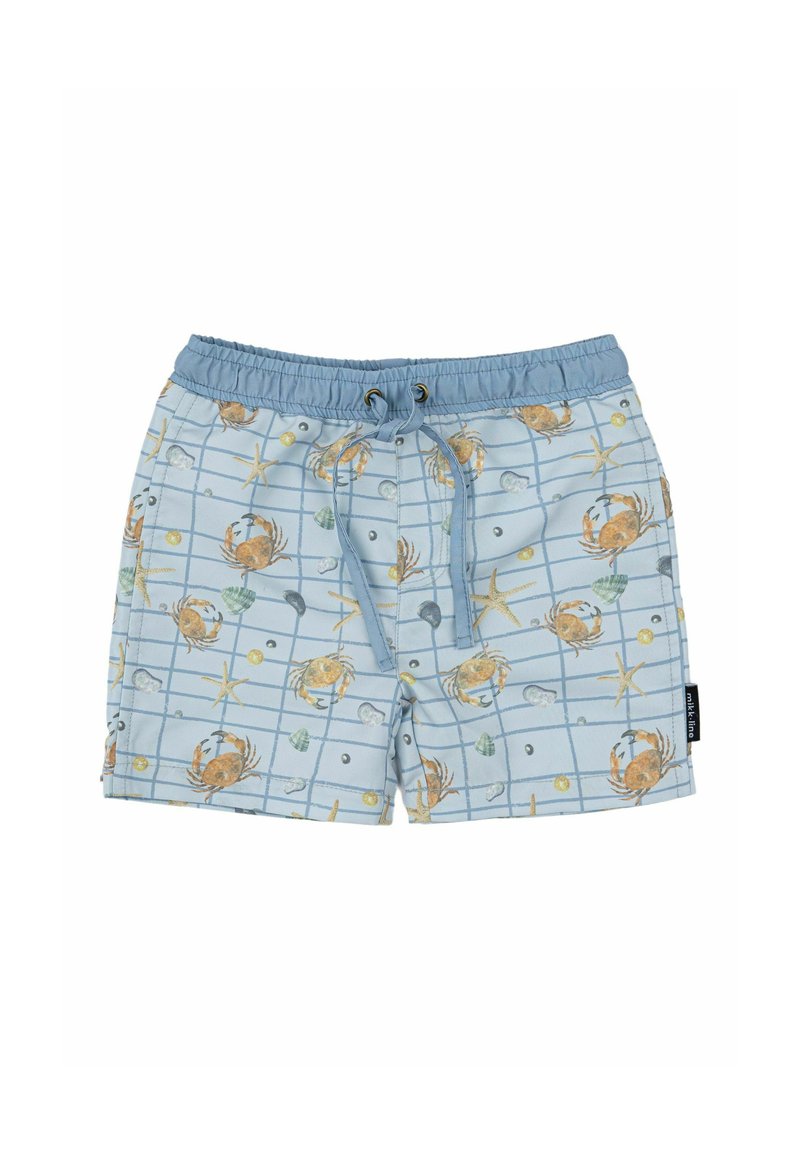 Pantaloni da bagno azzurro chiaro con motivo a griglia, decorati con granchi, conchiglie e stelle marine. Dotati di una vita regolabile con cordoncino.