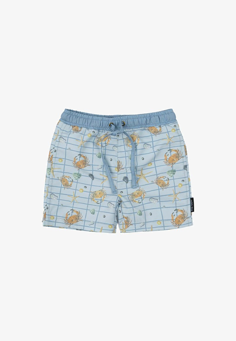 Svijetloplave kupaće gaće s uzorkom mreže, koji prikazuje rakove, školjke i morské zvijezde. Opremljene su pojasom na vezanje za podešavanje.