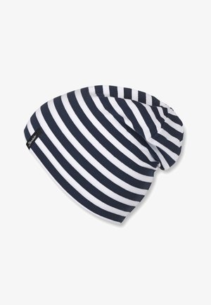 Beanie-Mütze mit navyblauen und weißen horizontalen Streifen. Hergestellt aus weichem Stoff mit einem lässigen Design und einem kleinen Logosticker an der Seite.