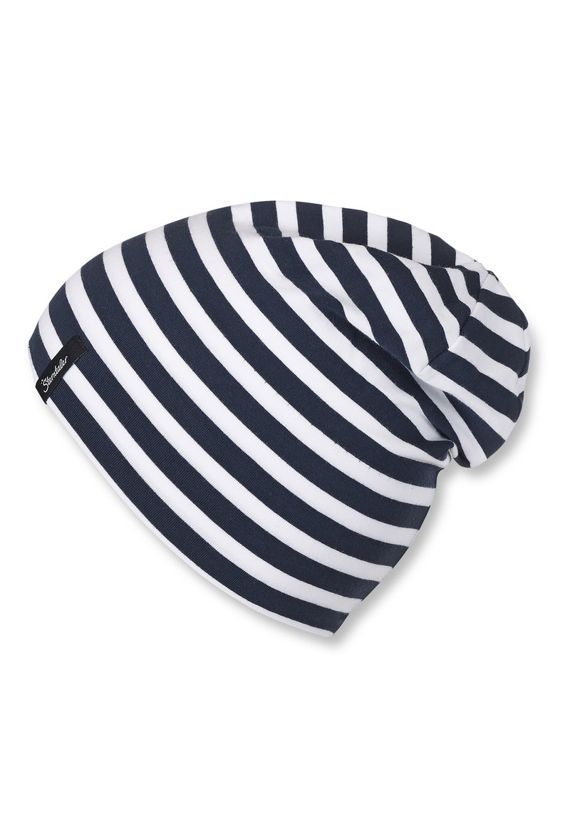 Beanie hat featuring navy and white horizontal stripes. Made from soft fabric with a slouchy design and a small logo tag on the side.
