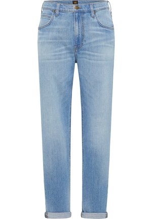 Jeans in denim azzurro chiaro con design a gamba dritta, orli arrotolati, cinque tasche e cuciture a contrasto. Presentano una chiusura con bottone e zip.