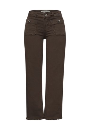 Dunkelbraune, hoch taillierte Hose mit geradem Bein, vorderen Klappentaschen, Knopfverschluss, Gürtelschlaufen und ausgefransten Saumkanten.