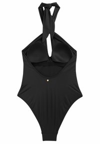 Sort én-delt badedragt med halterneck-bånd, polstrede skåle, udsnit foran og en lille guldfarvet detalje i midten. Glat stof, struktureret design.