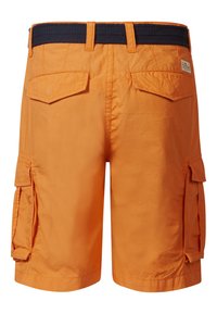 Oranje cargoshorts met een marineblauwe tailleband, uitgerust met twee achterzakken en twee zijzakken voor extra functionaliteit. Glad, lichtgewicht stof.