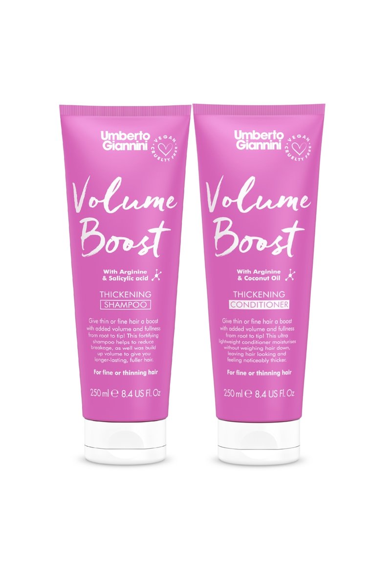 Roze knijptubes van Umberto Giannini Volume Boost verdikkende shampoo en conditioner, gelabeld met productdetails en een inhoud van 250 ml.
