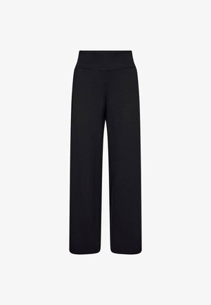Zwarte wijde broekspijpen gemaakt van zachte stof, met een hoge, elastische tailleband en een gladde textuur zonder zichtbare patronen of accessoires.